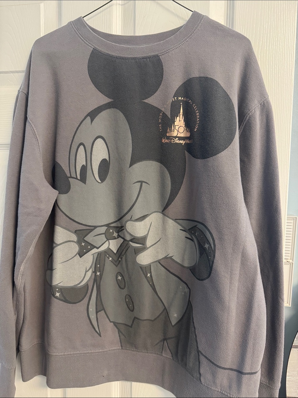 Disney Gray Mickey Mouse Crewneck Sweatshirt with 50th Anniversary Castle Accent